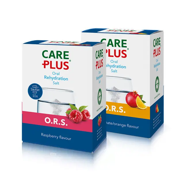 Care Plus® ORS gegen Austrocknung und Dehydration. Zur Wiederherstellung des Feuchtigkeitsgleichgewichts.